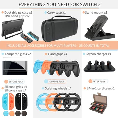 Accessories for Switch 2 - Family Bundle for Nintendo Switch 2,Carry Case,Portable Joy Con Charger,4 Pack Steering Wheels and Hand Grips,Dockable Case Kit,Stand and More