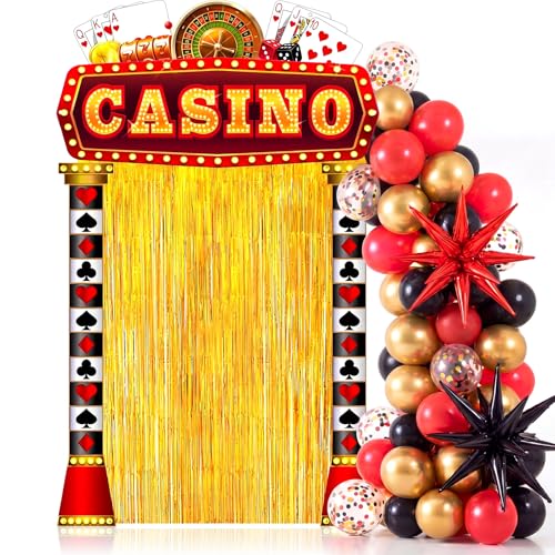 Peryiter 120 Pcs Casino Night Party Decorations Set Casino Backdrop Banner Gold Foil Fringe Curtain Balloon Arch Kit, Poker Themed Supplies for Vegas Birthday Party - style: Casino
