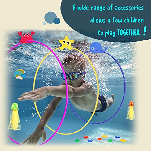 DAUXONE Diving Toys, 27 Pcs Pool Toys with Swim Thru Rings for Kids Age 3-12, Dive Sticks, Rings, Gem, Octopus, Torpedo, Mesh Bag Include