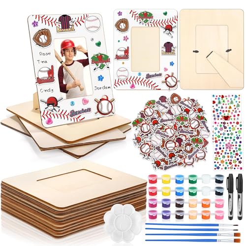 Fovths 12 Pieces Baseball Wooden Picture Frame Senior Night Decoration Fits 4 x 6 Inch Photo with Pens Stickers Paints Brushes Thanks Coach Gifts Tabletop Baseball Gifts for Team, Athletes