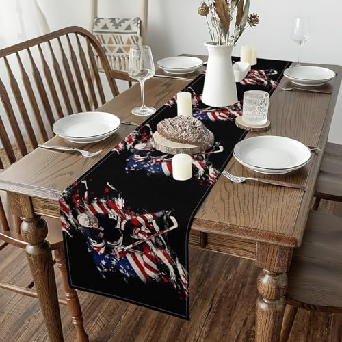 Erosebridal Hockey Player Table Runner for Boys Man,Ice Hockey Ball Games Table Runners 13X72 Inch for Kids Teens,Red Blue American Flag Dresser Runners,Winter Sports Game Rectangular Runner - size: 13" X 72"