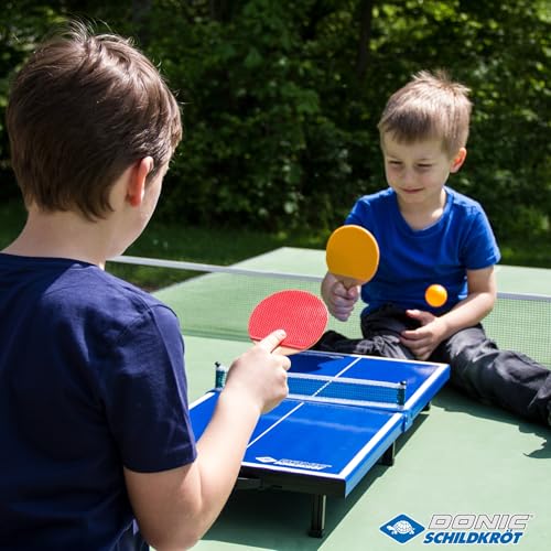 Donic-Schildkröt 838576 Mini Table Tennis Table Top Complete Set with 2 Bats and 1 Ball Foldable Plate – Briefcase Size – Blue Plate Dimensions 68 x 33 x 9 cm