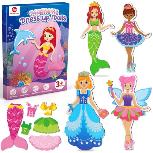 Mocoosy Magnetic Dress Up Dolls for Girls, Princess Mermaid Fairy Ballerina Magnet Doll Playset, Travel Game Airplane Car Road Trip Activity Essential Toy Birthday Gift for Toddler Girl Age 3 4 5 6 7