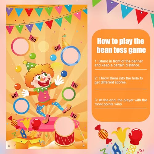 Carnival Throwing Game Clown Banner, Toss Game Banner with 5 Holes for Parties, Indoor Outdoor Events, Carnival Games Circus Party Events Decorations and Supplies