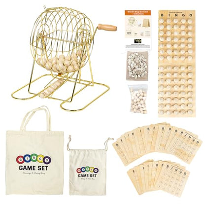 Deluxe Wooden Bingo Game Set with Large Metal Bingo Cage, 25 Reusable Bingo Cards, 75 Wooden Bingo Balls & Number Board, 700 Chips – Bingo Game for Adults, Family Game Night & Large Groups