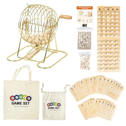 Deluxe Wooden Bingo Game Set with Large Metal Bingo Cage, 25 Reusable Bingo Cards, 75 Wooden Bingo Balls & Number Board, 700 Chips – Bingo Game for Adults, Family Game Night & Large Groups