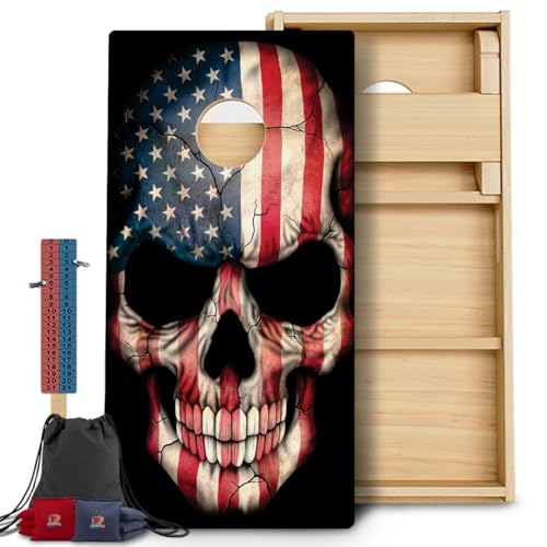 CornholeGamesUSA Pro Cornhole Boards Set | Made in USA | 3/4 Baltic Birch | No Bounce | Triple Thick Legs | Two Brace & Handles, Tournament 2x4 Regulation Set with Score Tower & Cornhole Bags - color: American Skull