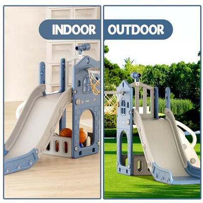 YUFU 5 in 1 Toddler Slide, Kids Slide with Climber, Basketball Hoop and Ball, Outdoor Indoor Playset for Toddlers Age 1-3 (Blue+Gray) - color: Blue+gray
