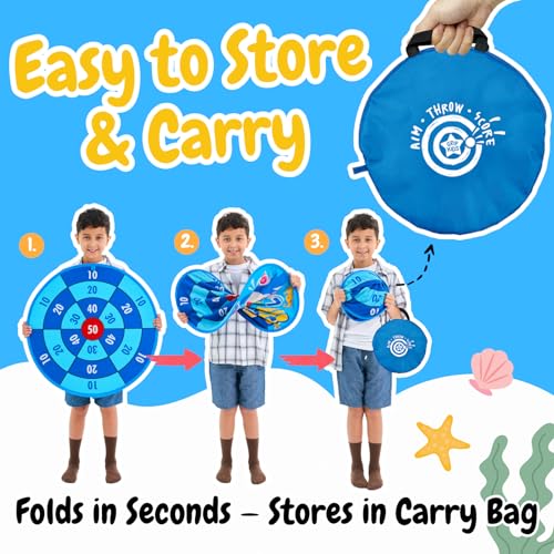 Grip Kids Number & Ocean Theme Double-Sided Dartboard Target Game – 26" Large Dart Board with Sticky Balls & Jellyfish Toss Balls, Indoor/Outdoor Gift Toy for Kids Ages 3–12