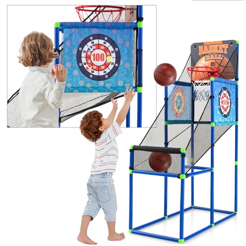 GLACER Kids Basketball Arcade Game, Indoor/Outdoor 2-in-1 PVC Hoop Set with Electronic Scoreboard & Sound, 8 Sticky Balls, 2 Basketballs, ASTM-Certified Basketball Game Toy for Ages 3+