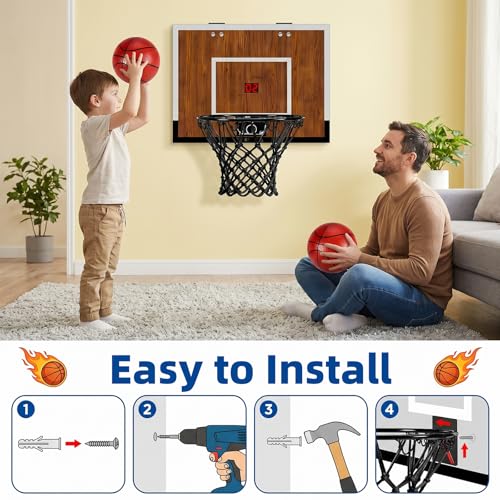 Indoor Mini Basketball Hoop Set – Over The Door with Wood Backboard & Iron Rim – Includes 2 Balls & Air Pump – Anti-Shock Padding – 16"x12"x3"