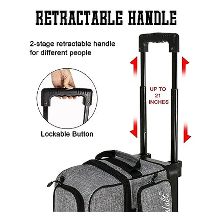 WOLT Double Roller 2 Ball Bowling Bag with Separate Shoe Compartment, Large Capacity Bowling Ball Bag with Accessory Pocket, Retractable Handle Extends to 40" - color: Grey