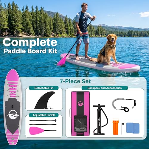 SereneLife 10’6” Inflatable Stand Up Paddle Board with Premium SUP Accessories - 32” Wide Stable Design with Non-Slip EVA Deck Pad, for Youth and Adults, 350 lbs. Capacity - color: Pink