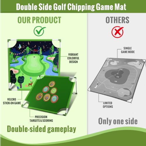 Owine Golf Chipping Game Set, 70" x70'' Double Sided Golf Hitting Mat with 2 Clubs and 20 Sticky Balls, Indoor Outdoor Golf Practice Game for Adults Kids, Home Sport Party/Backyard Party Activity