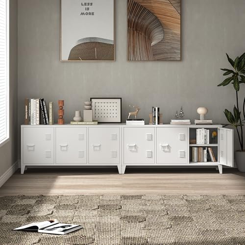 MIOCASA TV Stand 3 Door Metal Storage Locker Cabinet with Shelves for Living Room, Bedroom，Office(White) - color: White-1