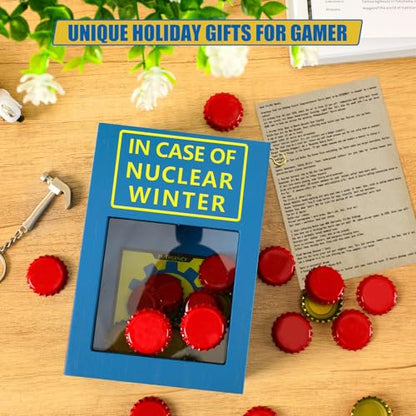 Nuclear Winter Bottle Cap Stash Box, 30 Red Caps Gag Gifts for Men | Post Apocalyptic Caps Saving Piggy Bank w/ Mini Hammer & Letter, Retro Blue Yellow Wood Decor for Wasteland Game Fans Adults - style: Nuclear Winter Emergency Box