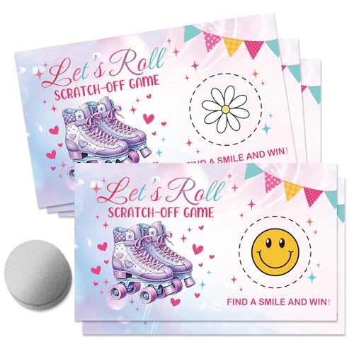 50 Pcs Let's Roll Theme Scratch off Game Cards, Roller Skate Themed Party Games Scratch Cards for Outdoor Fun, Funny Birthday Party Raffle Tickets for Lottery Group Activity - color: Pink Purple