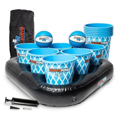 BasketPong H2O – Inflatable Pool Pong Game with Buckets and Balls, Water Yard Game for Outdoor Fun, Lawn, Beach, or Backyard – Includes 12 Buckets, 2 Balls, Floats, Bag, and Air Pump