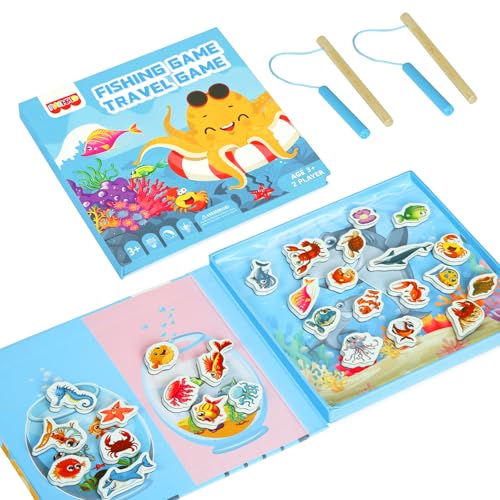 Magnetic Fishing Game for Toddlers Ages 3-8 – Montessori Wooden Educational Toy with 28 Fish – Preschool Learning Toy for Fine Motor Skills, Travel, Airplane & Road Trips - color: Fishing Game