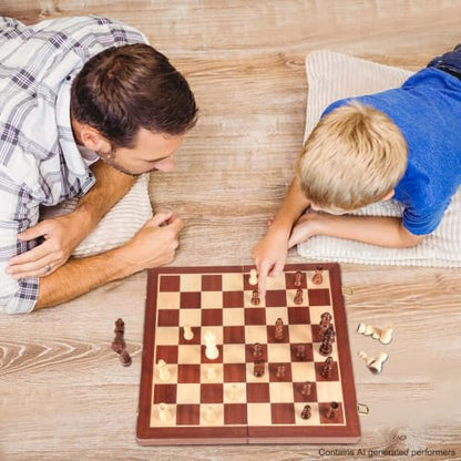 AMEROUS 15 Inches Magnetic Wooden Chess & Checkers Set (2 in 1) - Folding Board -Gift Box Packed -24 Cherkers Pieces -2 Extra Queens, Beginner Chess Set for Kids and Adults