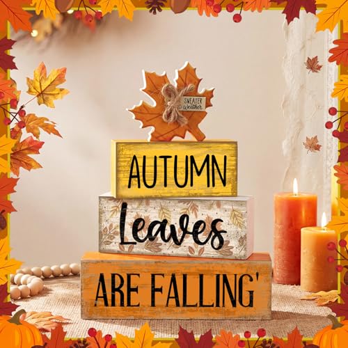 Lineshading 4 Pcs Fall Decoration for Home Wooden Maple Leaf Thanksgiving Table Centerpiece Rustic Thanksgiving Tiered Tray Decor Decorative Autumn Leaves Block Sign Farmhouse Autumn Decor for Kitchen - style: Autumn Leaves