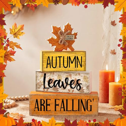 Lineshading 4 Pcs Fall Decoration for Home Wooden Maple Leaf Thanksgiving Table Centerpiece Rustic Thanksgiving Tiered Tray Decor Decorative Autumn Leaves Block Sign Farmhouse Autumn Decor for Kitchen - style: Autumn Leaves