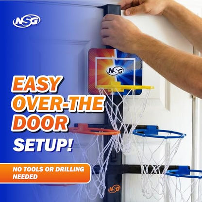 NSG Over The Door Basketball Hoop - Adjustable Height 7 Hoop Race Pyramid with 8 Mini Foam Balls & Carry Bag, Wall-Mounted, Easy Setup, Kids Indoor/Outdoor Game for Ages 5+ Years - style: Hoop Race