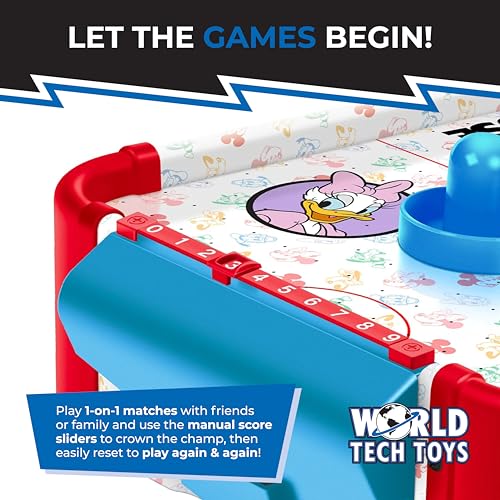 Disney Mickey Mouse, Minnie, Donald, Daisy & Goofy Air Hockey Table for Kids - Wooden Tabletop Game with Puck, Pushers & Air Flow System - Disney Licensed - 4+