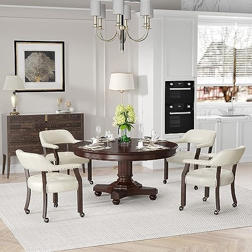 Set of 4 Dining Chair with Casters, Accent Captains Leather Chairs with Wheels & Arms,Wheeled Roller Wood Chairs for Kitchen & Game Poker Table,Espresso&Ivory 318WT(NO Table!) - color: Espresso&ivory