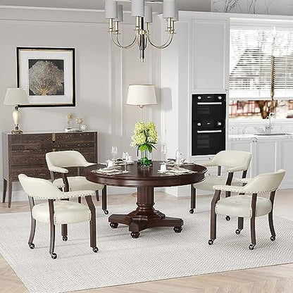 Set of 4 Dining Chair with Casters, Accent Captains Leather Chairs with Wheels & Arms,Wheeled Roller Wood Chairs for Kitchen & Game Poker Table,Espresso&Ivory 318WT(NO Table!) - color: Espresso&ivory