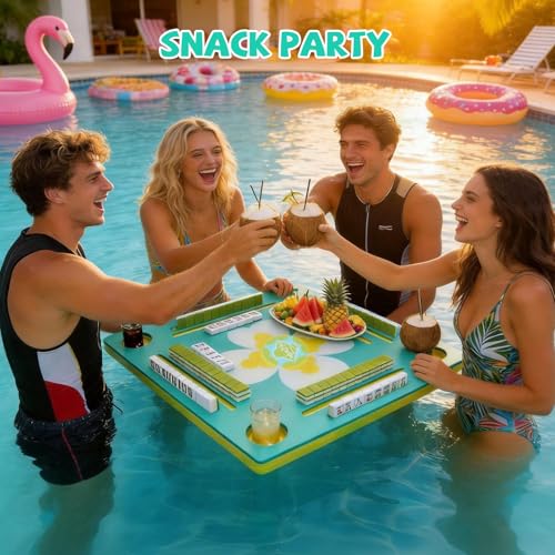 Floating Mahjong Table for Pool, Double-Sided Water Game Tray with Mahjong & Poker Card Playing Surfaces for Poker, Card, Dominoes, Board Games and Summer Pool Party Supplies
