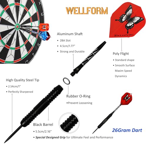 Darts Metal Tip Set,12 Pack 26 Grams Steel Tip Darts Set-Professional Metal Darts for Dartboard, with Non-Slip Iron Barrel, Aluminum Shafts, Extra Flights, Dart Sharpener & Wrench, Gift Box