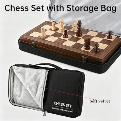 Rinten Wooden Chess Set with Folding Board - 15" Classic Magnetic Chess Set with Protective Bag for Adults, Chess Lovers Tournament Professional Beginner - color: Wood-brown+black Bag, size: 15 IN