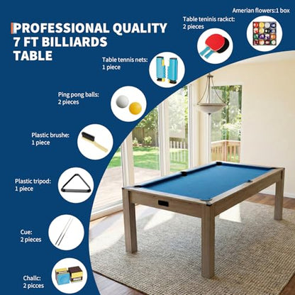 Garvee 7FT 3 in 1 Pool Table with Dining & Table Tennis Top, Multi-Game Table with Accessories (Balls, Cues, Ping Pong),Convertible Billiards and Table Tennis,HDF Wood Grain Finish & Chrome Accents - color: Blue
