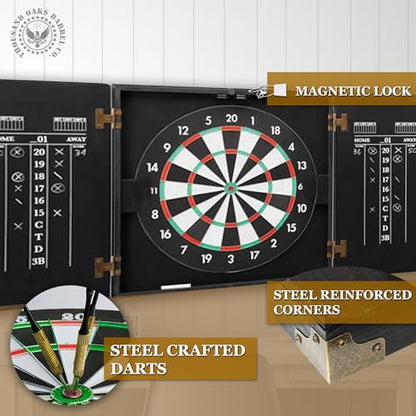 Personalized Dart Board Cabinet Set with 6 Steel Tip Darts, Paper Dartboard, Chalk & Eraser (21.5 x 21.5 x 2.75) - Man Cave Dart Boards for Adults - style: Bourbon Bar