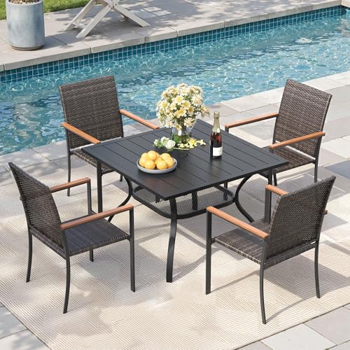 Patio Dining Set for 4, 37.8" Square Metal Table with Umbrella Hole and Stackable Wicker Patio Chairs, Outdoor Furniture Set for Deck Backyard Garden, Walnut Chairs, Black Table