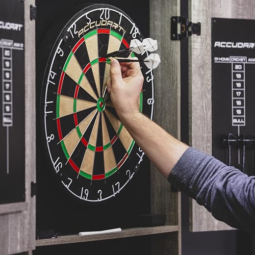 Accudart Dartboard Cabinet Set with LED Lighting – Premium Brazilian Sisal Board, Staple‑Free Razor Wire, Weathered Grey Cabinet, Built‑in Storage, Dual Chalkboards – Includes Steel‑Tip Darts