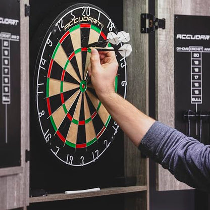 Accudart Dartboard Cabinet Set with LED Lighting – Premium Brazilian Sisal Board, Staple‑Free Razor Wire, Weathered Grey Cabinet, Built‑in Storage, Dual Chalkboards – Includes Steel‑Tip Darts
