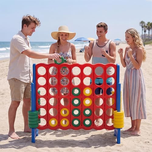 HONEY JOY Giant 4-in-a-Row, Jumbo 4-to-Score Giant Game Set with 42 Rings & Quick-Release Slider for Kids and Adults, Indoor/Outdoor Large Connect Game for Living Room, Backyard, Lawn