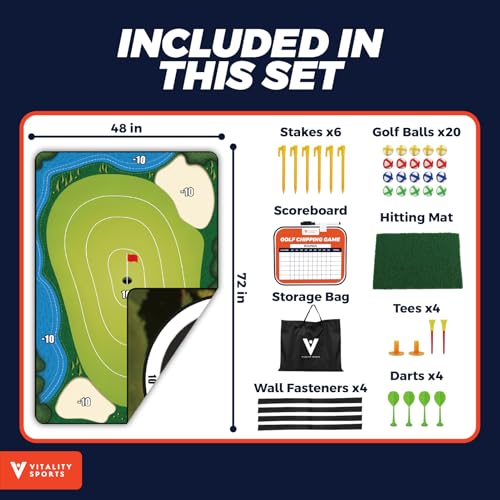 Vitality Sports Golf Chipping Game with Hitting Mat, 72"x48" Double-Sided Sticky Golf Practice Mat with 20 Sticky Balls & 4 Darts, Golf Chipping Game for Adults & Kids Indoor/Outdoor/Backyard