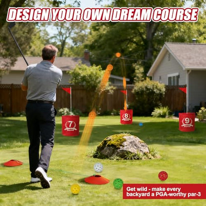 Deluxe Backyard Golf Game, 9 Hole Portable Golf Yard Game Set with Clubs Buckets Balls, Outdoor Golf Course Chipping Practice for Lawn, Park, Beach, Camping - Fun Golf Bundle Gift for Adults & Family