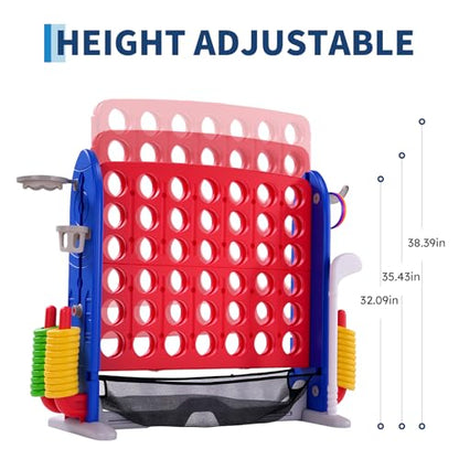 Jumbo 4 in a Row Game, Height Adjustable(2.7-3.2 ft) Outdoor Indoor Connect 4 w/Quick Release, Giant Connect Four with Basketball Hoop, Ring Toss & Net, Backyard Party Game for Adults Kids