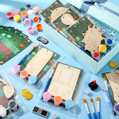 Saypacck 24 Pcs Video Game Party Favors Wooden Painting Craft Kits Birthday Party Supplies with Organza Bag for Goodie Bags Fillers Adult Thank You Gifts - style: Game Theme