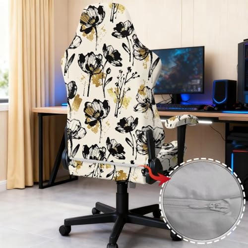 Flower Print Gaming Chair Cover Set of 4 Dust-Proof Stretchy Computer Office Chair Cover with Armrest Covers Home Decorations - color: Brown and Black - Flower