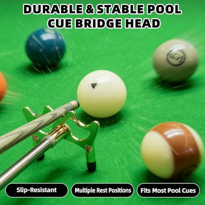 Pool Cue Bridge Head Kit with 2 Billiard Gloves & 4 Cue Chalks – Complete Billiards Accessory Set for Pool Tables, Smooth Stroke Gloves, Premium Cues Chalk, Universal Bridge Head for Precise Shots