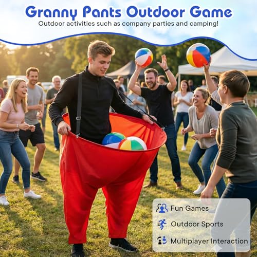 2 Pcs Granny Pants Yard Game with Suspenders, 16 Bouncy Balls & 2 Pumps - Hilarious Outdoor Party Game for Adults, Kids, Family Reunions & Field Days - color: Classic Red & Green