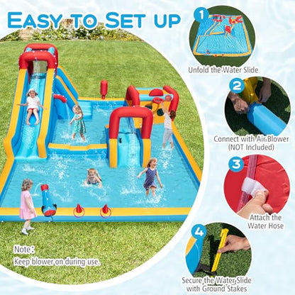 BOUNTECH Inflatable Water Slide Park, 9-in-1 Mega Water Bounce House Bouncy Castle w/2 Large Splash Pools, Basketball, Blow up Water Slide Inflatables for Big Kids Aged 3-12 Backyard Party Gifts - style: Without Air Blower