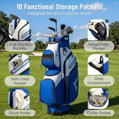 uniHimal Golf Cart Bag, 15 Way Organizer Divider Top with Handles | 15 Separate Compartments,Extra Storage Pockets,Rain Cover,Comfortable carry handles,Tough Abrasion‑Resistant Materials - color: Blue-White