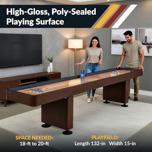 Hathaway Challenger Shuffleboard Table for Family Arcade Game Room - with Poly-Coated Playfield, Built-in Scorer & Cabinet, Climate Adjusters, Leg Levelers, 8 Pucks, Brush & Wax - Walnut Finish - size: 12-foot
