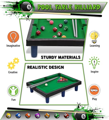 Mozlly Miniature Pool Table Set - Adult and Kids Billiard Set, Mini Pool Table Classic Playtime Set, Includes Portable Small Table, Balls, Cues, and Triangle - 8.1x4.5 Inches
